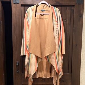 Bohemian Fringed Tan Multicolor Poncho